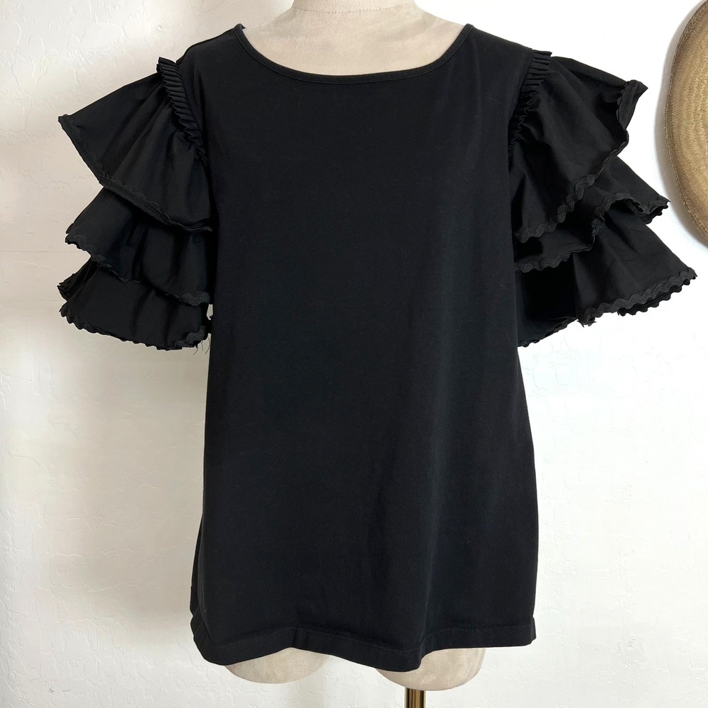 Marc New York Andrew Marc Ruffle Flutter Sleeve Top Black Cotton Blend Sz XL